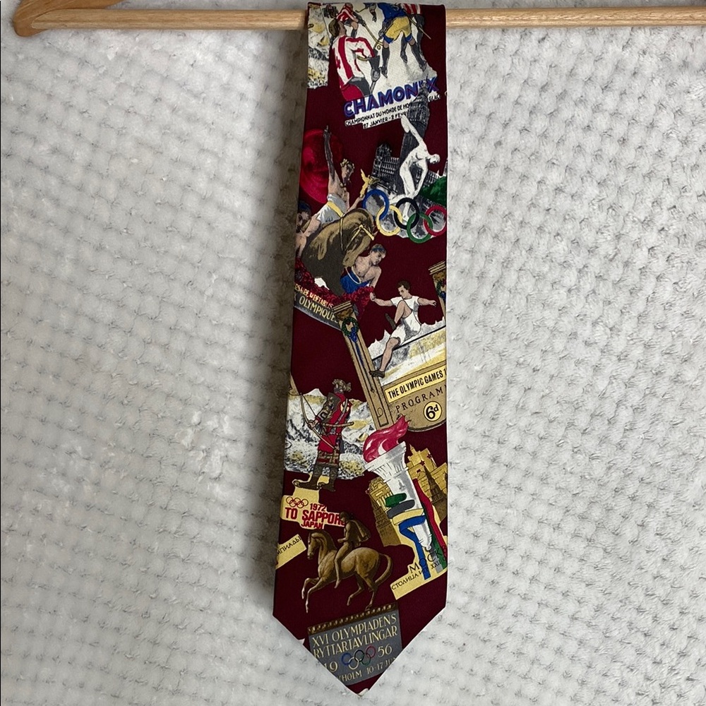 Vintage Burgundy Olympic Games Collection Graphic Neck Tie